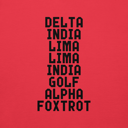 "DILLIGAF" printed on a team red background