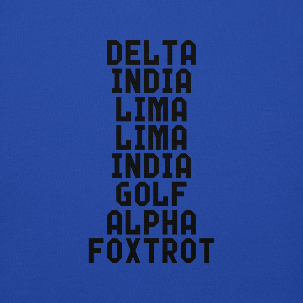 "DILLIGAF" printed on a team royal background