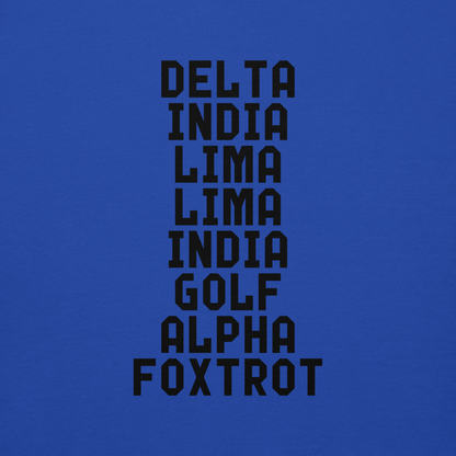 "DILLIGAF" printed on a team royal background