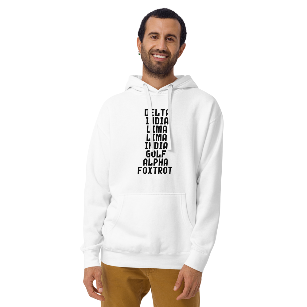 "DILLIGAF" printed on a white warn by a male