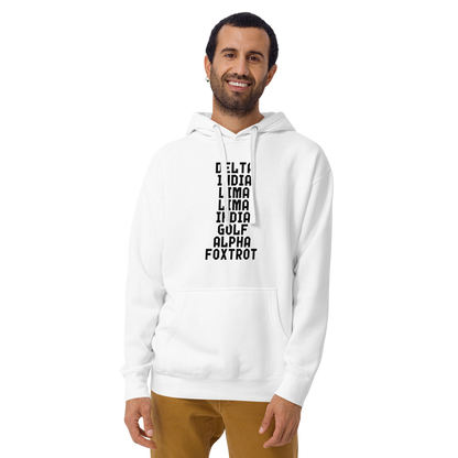 "DILLIGAF" printed on a white warn by a male