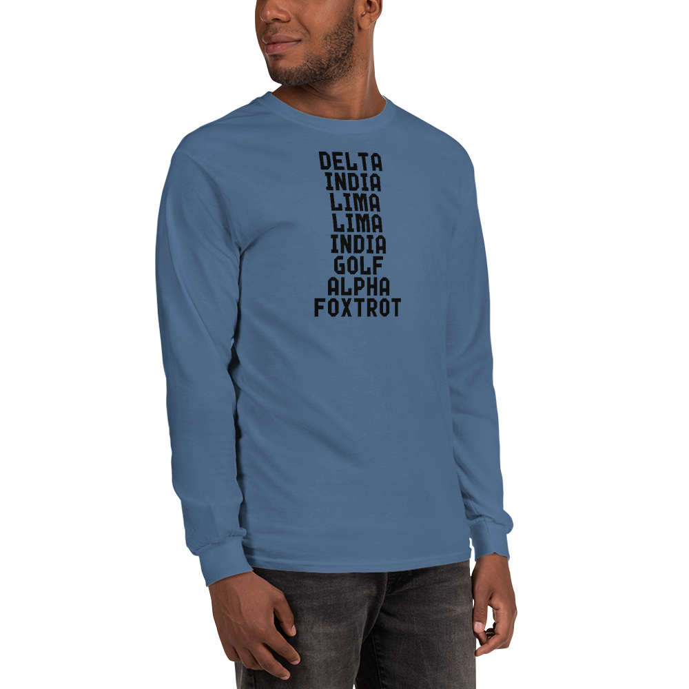 "DILLIGAF" printed on a indigo blue men's long sleeve shirt worn by a male