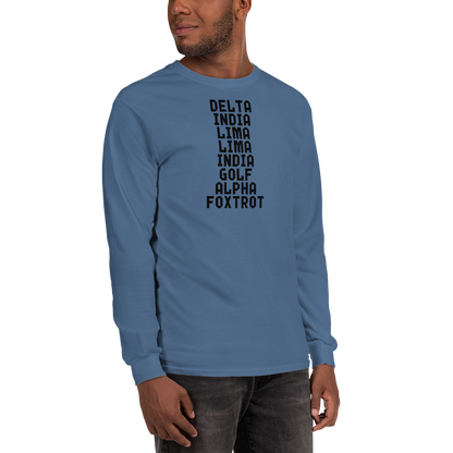 "DILLIGAF" printed on a indigo blue men's long sleeve shirt worn by a male