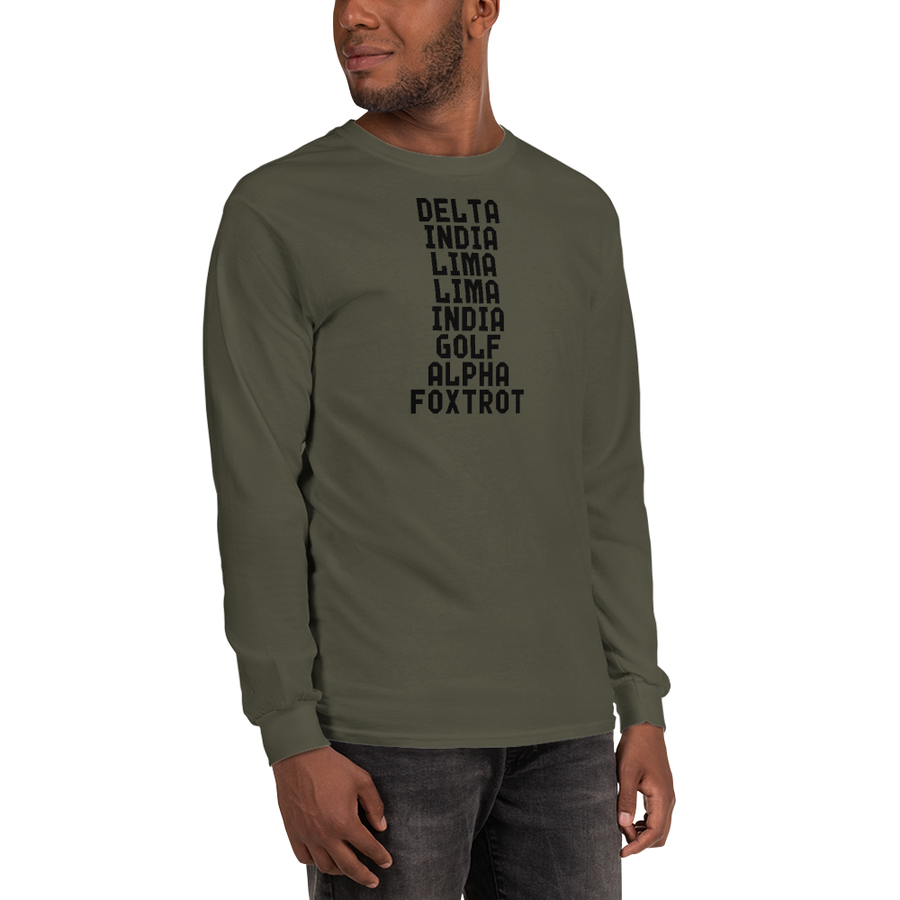 "DILLIGAF" printed on a military green men's long sleeve shirt worn by a male