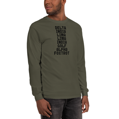 "DILLIGAF" printed on a military green men's long sleeve shirt worn by a male