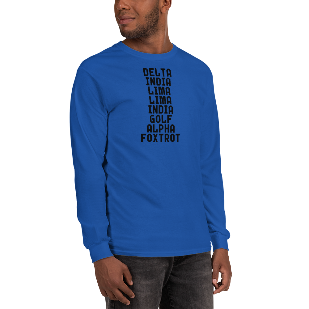 "DILLIGAF" printed on a royal men's long sleeve shirt worn by a male