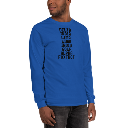 "DILLIGAF" printed on a royal men's long sleeve shirt worn by a male
