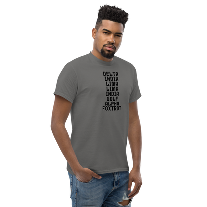 "DILLIGAF" printed on a charcoal unisex classic tee worn by a male