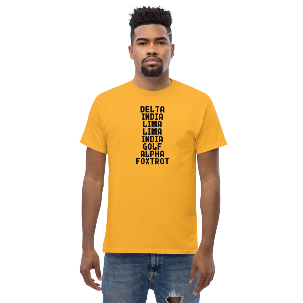"DILLIGAF" printed on a gold unisex classic tee worn by a male