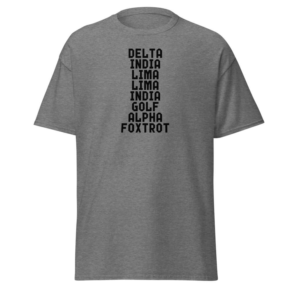 "DILLIGAF" printed on a graphite heather unisex classic tee laying on a flat surface