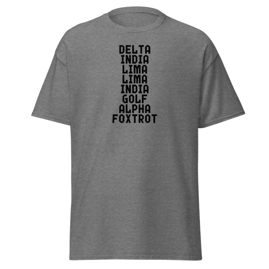 "DILLIGAF" printed on a graphite heather unisex classic tee laying on a flat surface