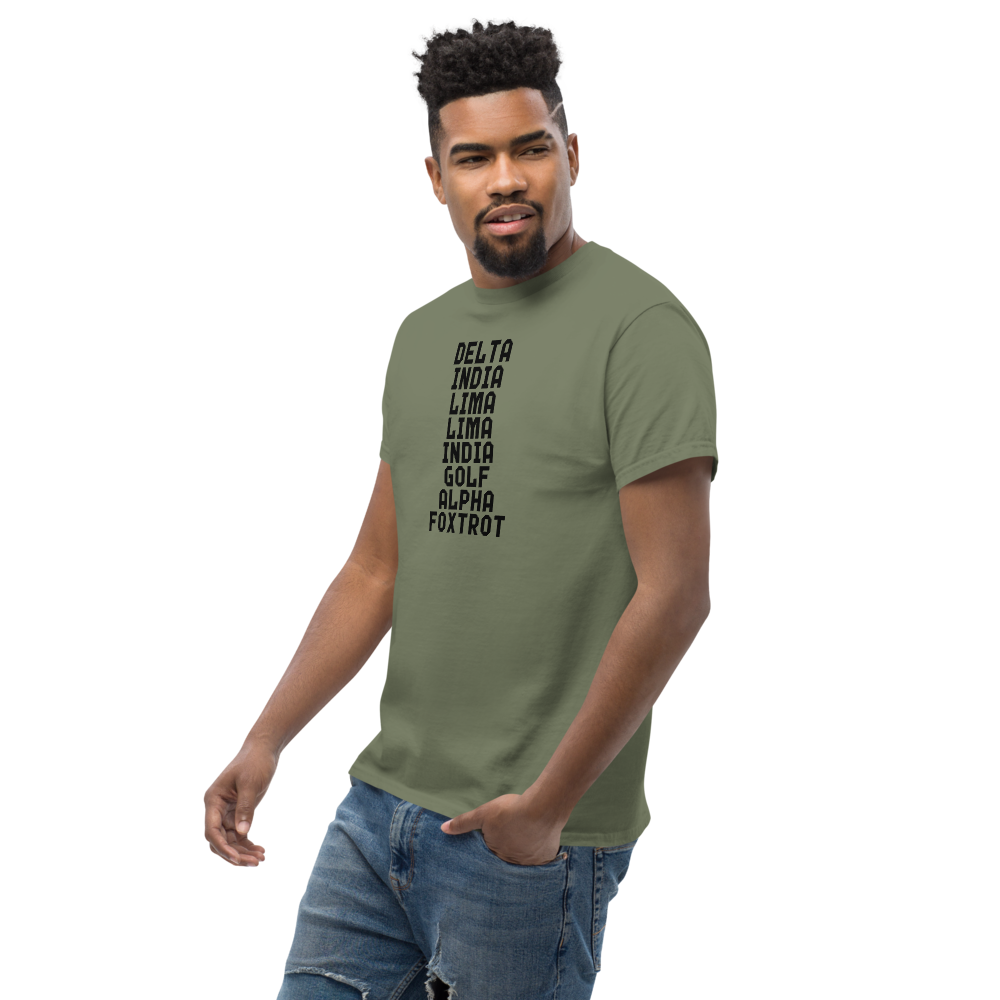 "DILLIGAF" printed on a military green unisex classic tee worn by a male