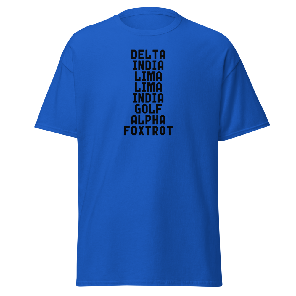 "DILLIGAF" printed on a royal on an invisible body