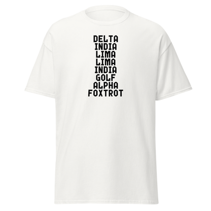 "DILLIGAF" printed on a white on an invisible body