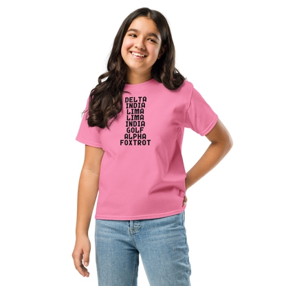 "DILLIGAF" printed on a azalea youth classic tee worn by a female