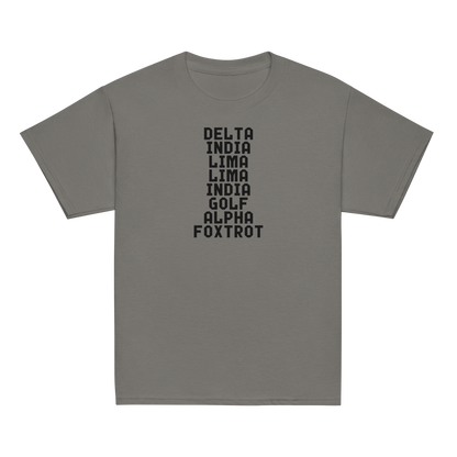 "DILLIGAF" printed on a charcoal youth classic tee laying on a flat surface