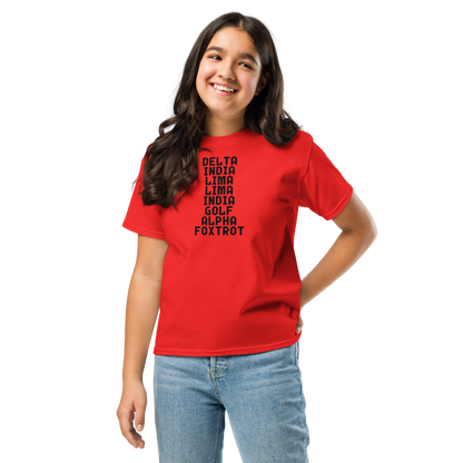 "DILLIGAF" printed on a red youth classic tee worn by a female