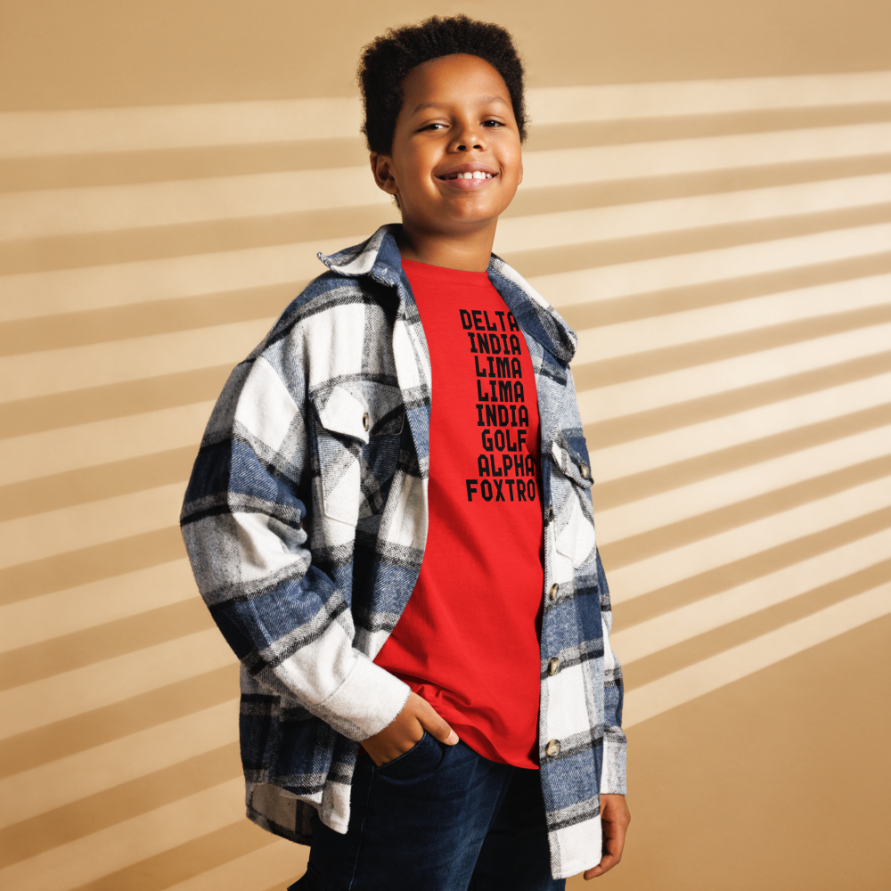 "DILLIGAF" printed on a red youth classic tee worn by a male also wearing a jacket