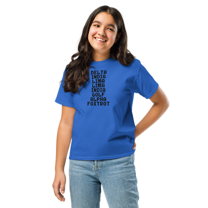 "DILLIGAF" printed on a royal youth classic tee worn by a female