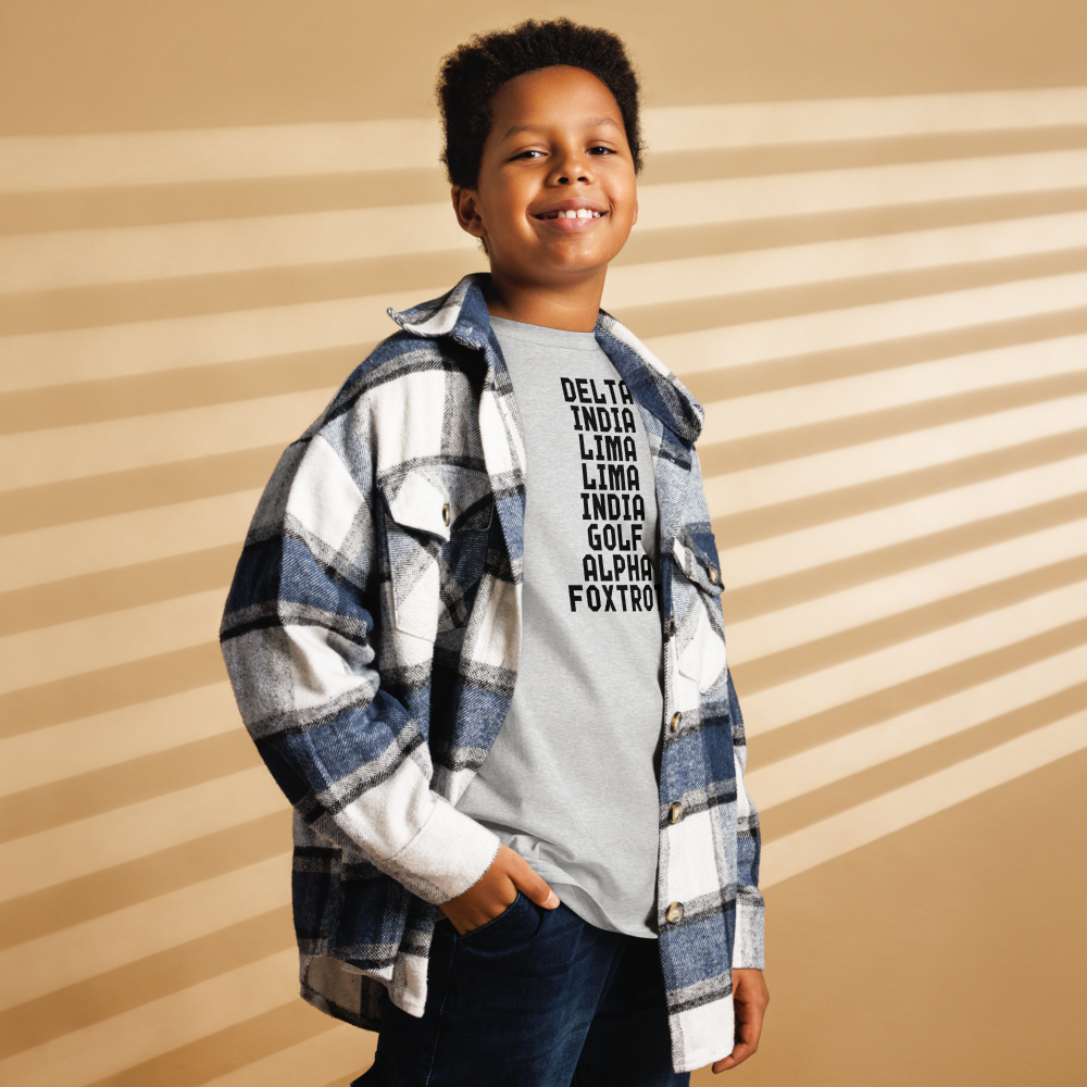 "DILLIGAF" printed on a sport grey youth classic tee worn by a male also wearing a jacket
