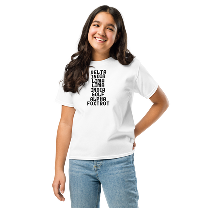 "DILLIGAF" printed on a white youth classic tee worn by a female