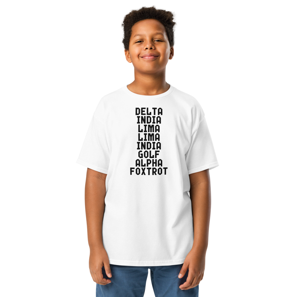 "DILLIGAF" printed on a white youth classic tee worn by a male