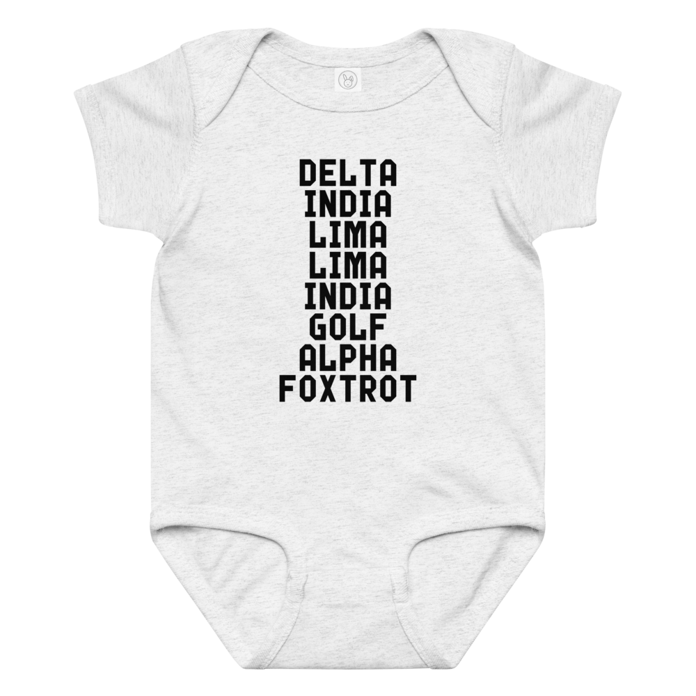 "DILLIGAF" printed on a ash baby jersey bodysuit laying on a flat surface amongst other clothes