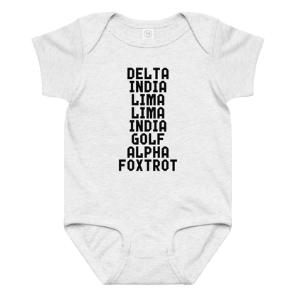 "DILLIGAF" printed on a ash baby jersey bodysuit laying on a flat surface amongst other clothes