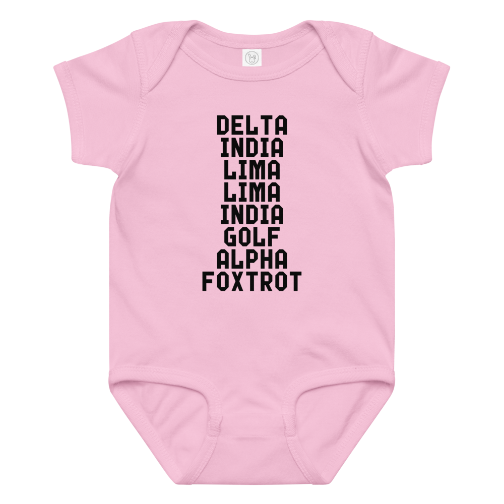"DILLIGAF" printed on a pink baby jersey bodysuit laying on a flat surface amongst other clothes