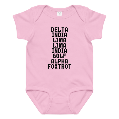 "DILLIGAF" printed on a pink baby jersey bodysuit laying on a flat surface amongst other clothes