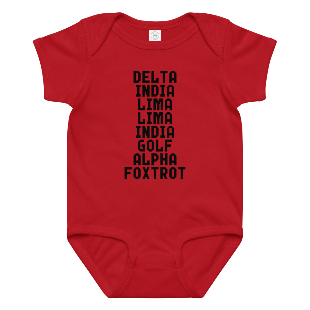 "DILLIGAF" printed on a red baby jersey bodysuit laying on a flat surface amongst other clothes