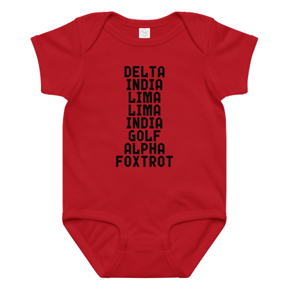 "DILLIGAF" printed on a red baby jersey bodysuit laying on a flat surface amongst other clothes