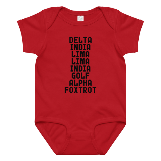"DILLIGAF" printed on a red baby jersey bodysuit laying on a flat surface amongst other clothes