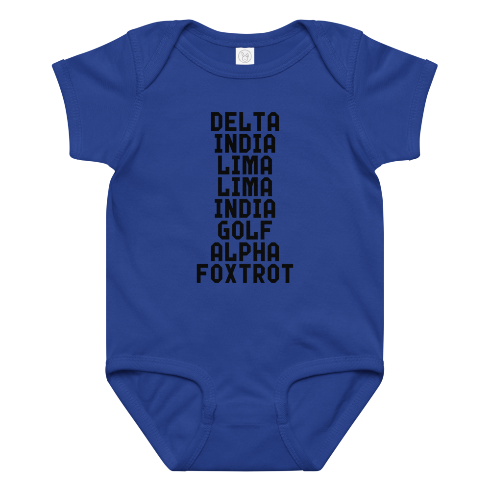 "DILLIGAF" printed on a royal baby jersey bodysuit laying on a flat surface amongst other clothes