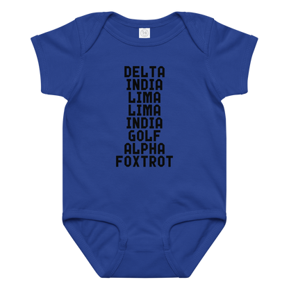 "DILLIGAF" printed on a royal baby jersey bodysuit laying on a flat surface amongst other clothes
