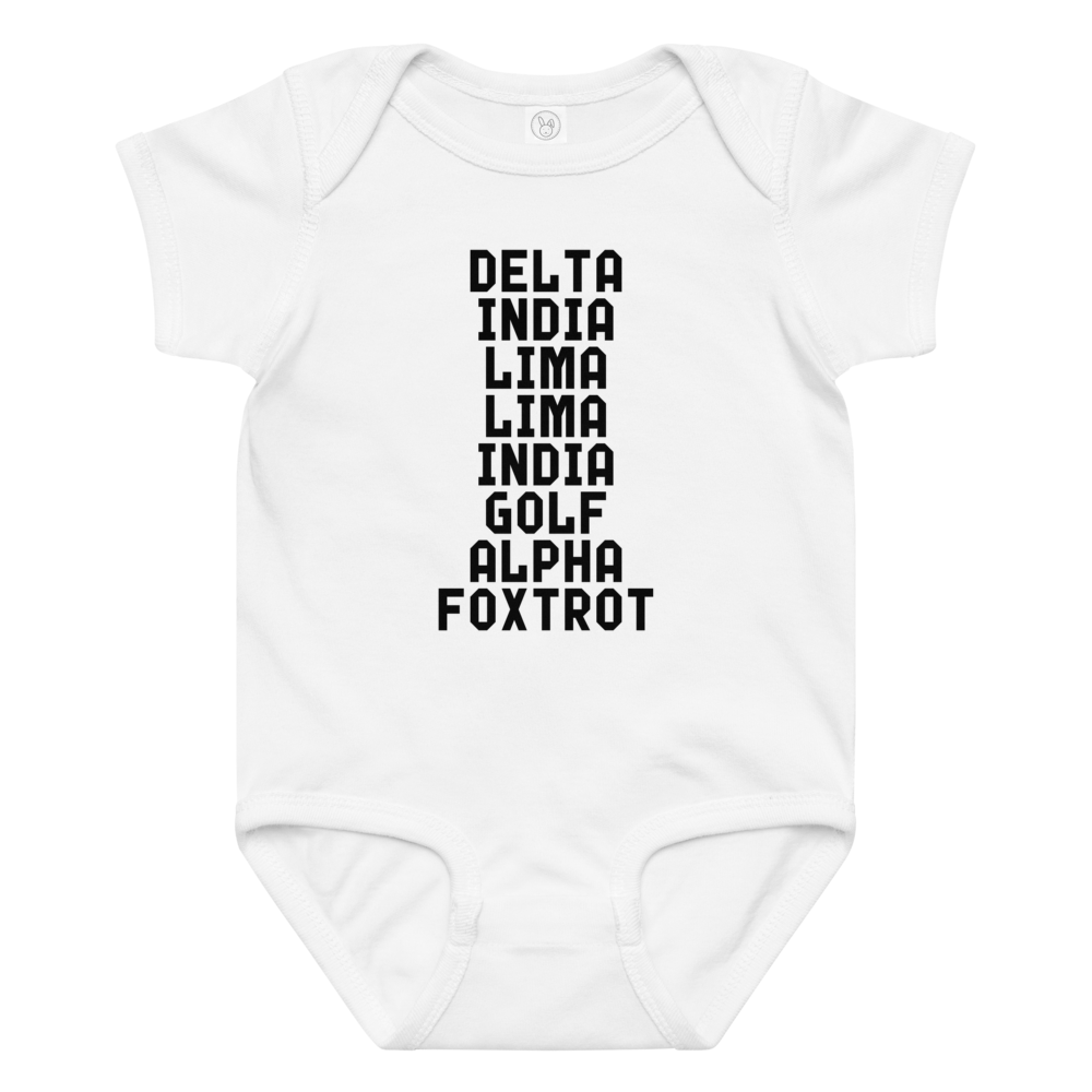"DILLIGAF" printed on a white baby jersey bodysuit laying on a flat surface amongst other clothes