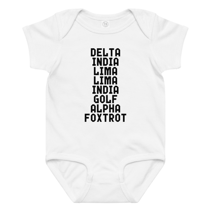"DILLIGAF" printed on a white baby jersey bodysuit laying on a flat surface amongst other clothes