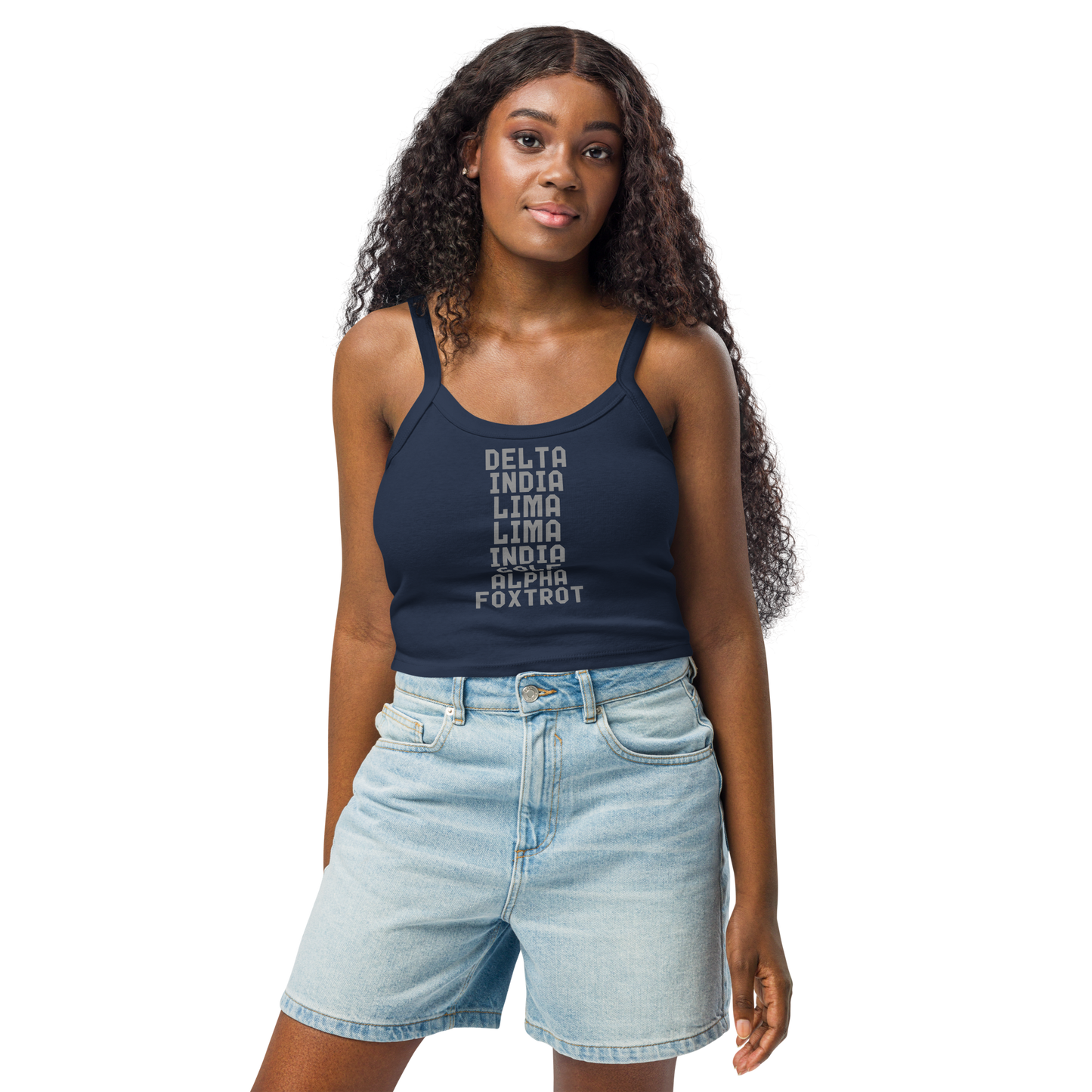 "DILLIGAF" printed on a solid navy blend women's micro-rib tanktop worn by a female
