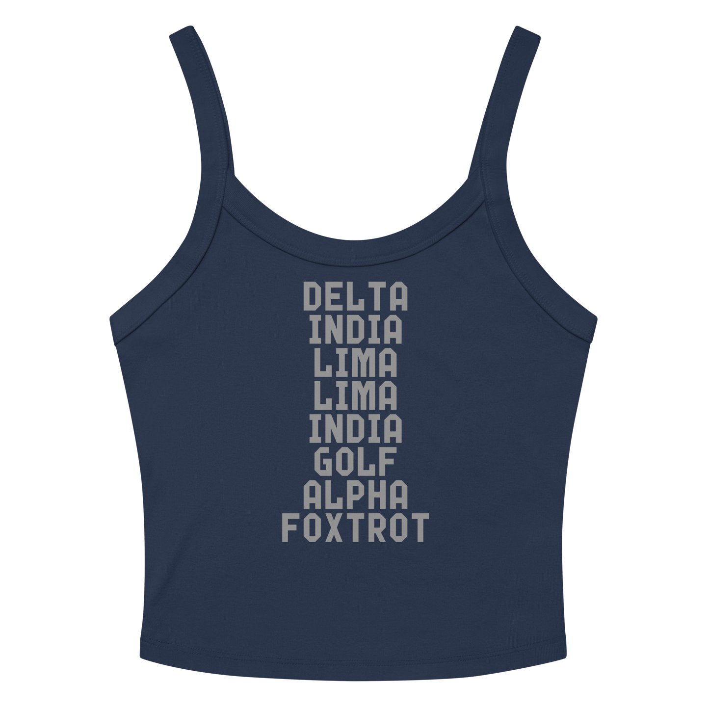 "DILLIGAF" printed on a solid navy blend women's micro-rib tanktop laying on a flat surface amongst sunglasses and shorts