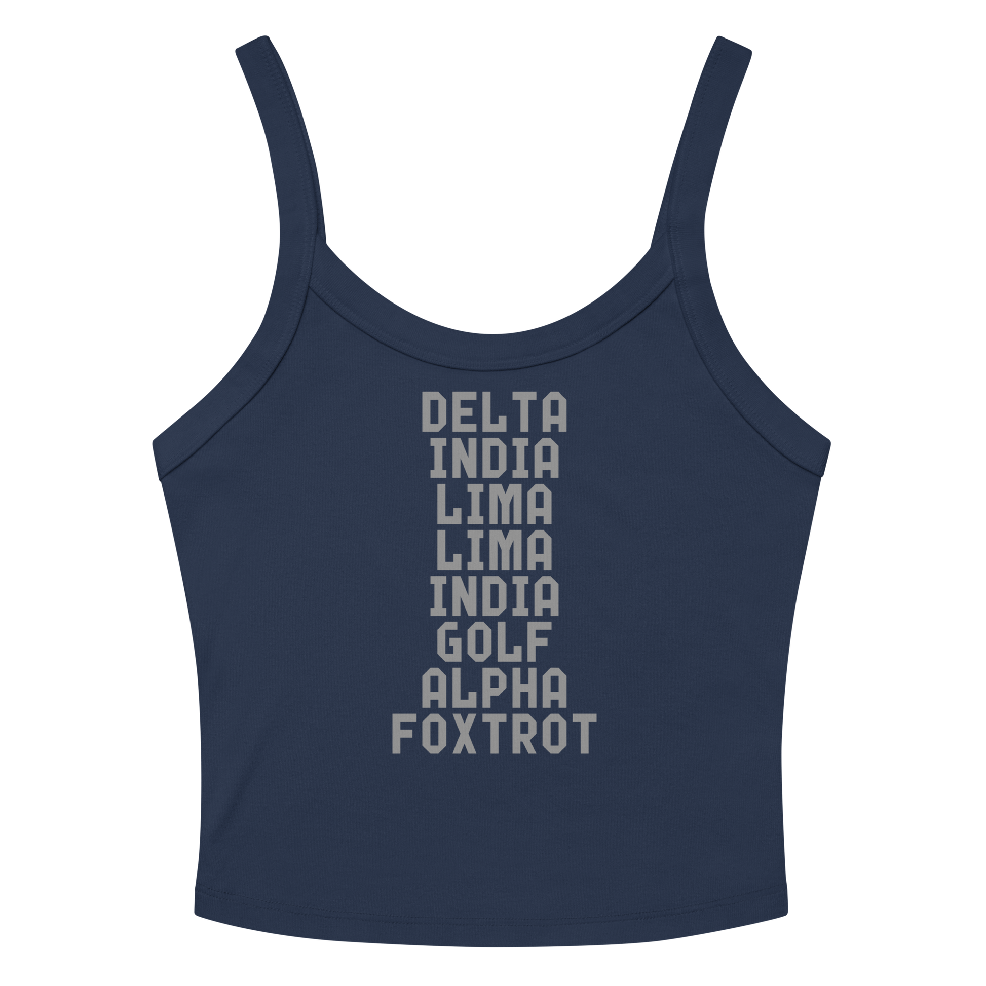 "DILLIGAF" printed on a solid navy blend women's micro-rib tanktop laying on a flat surface amongst sunglasses and shorts