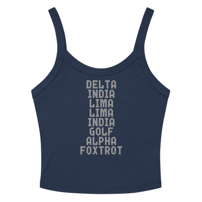 "DILLIGAF" printed on a solid navy blend women's micro-rib tanktop laying on a flat surface amongst sunglasses and shorts