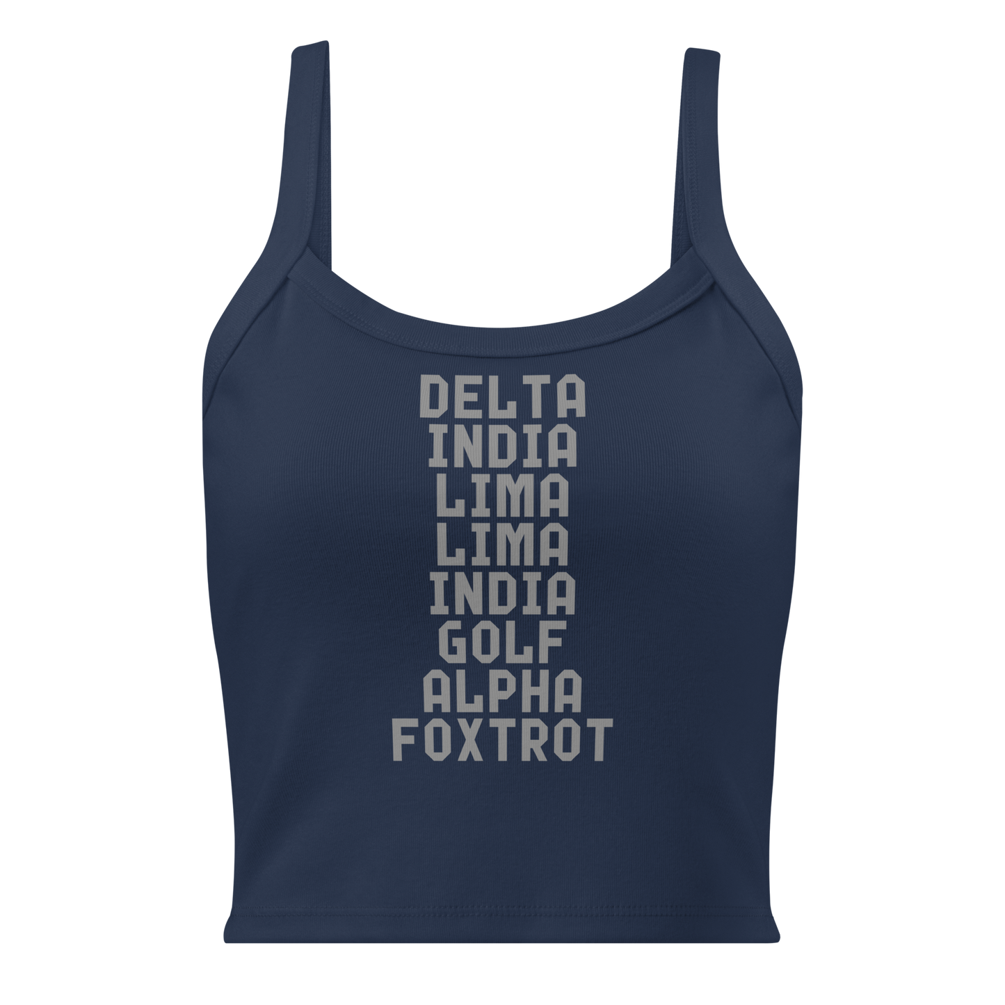 "DILLIGAF" printed on a solid navy blend women's micro-rib tanktop laying on a flat surface