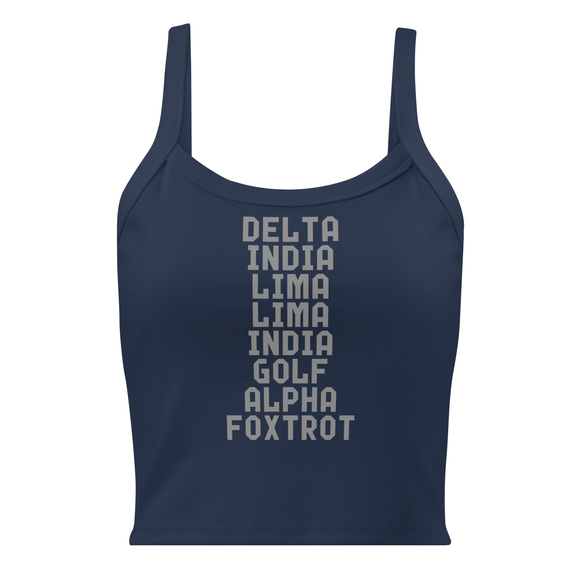 "DILLIGAF" printed on a solid navy blend women's micro-rib tanktop laying on a flat surface