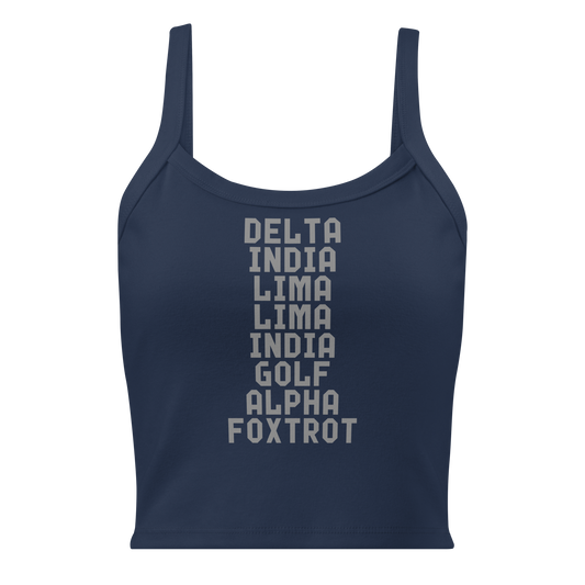 "DILLIGAF" printed on a solid navy blend women's micro-rib tanktop laying on a flat surface