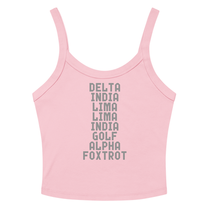 "DILLIGAF" printed on a solid pink blend women's micro-rib tanktop laying on a flat surface amongst sunglasses and shorts
