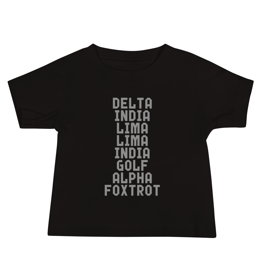 "DILLIGAF" printed on a black baby jersey short sleeve tee laying on a flat surface