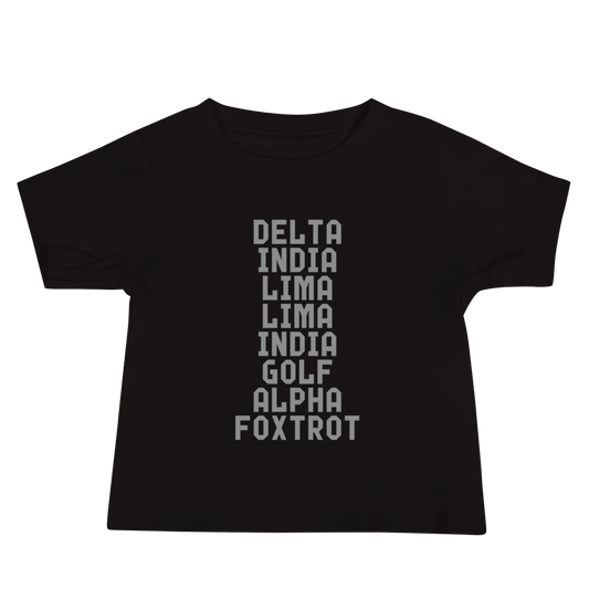 "DILLIGAF" printed on a black baby jersey short sleeve tee laying on a flat surface