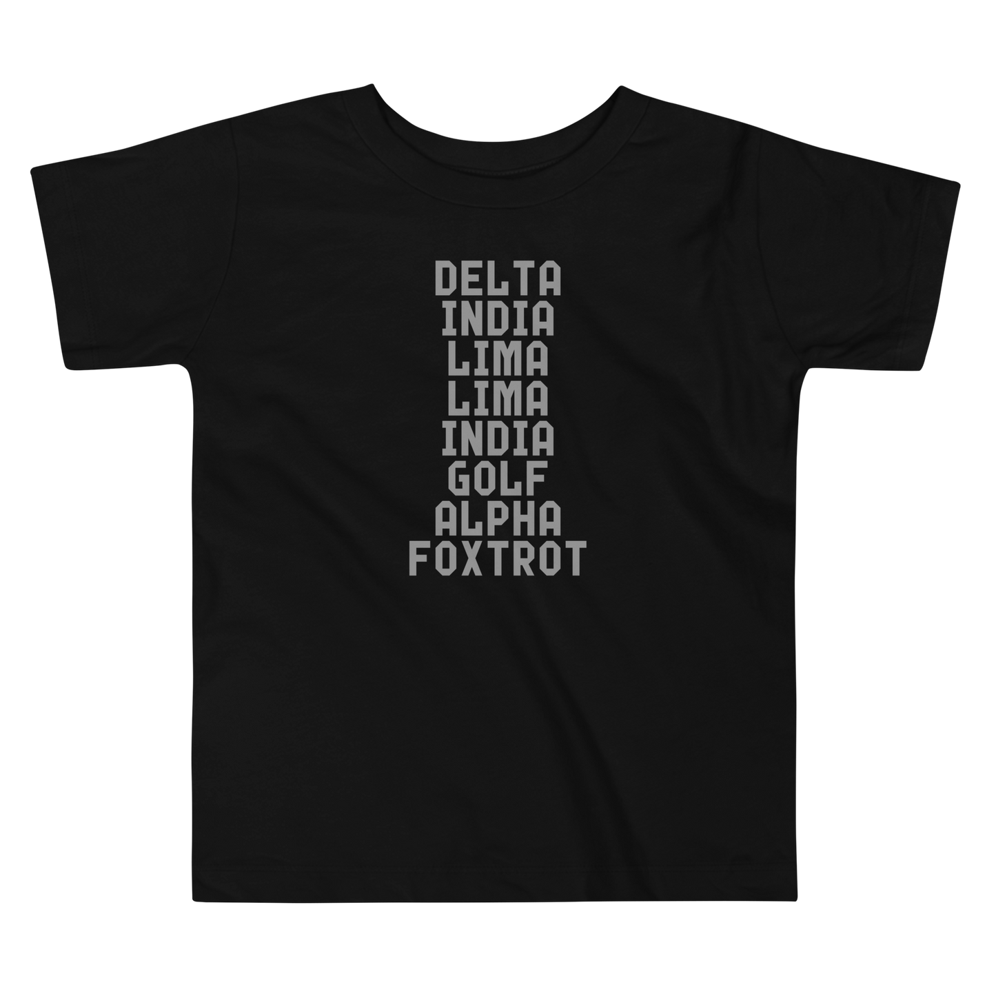 "DILLIGAF" printed on a black toddler short sleeve tee laying on a flat surface