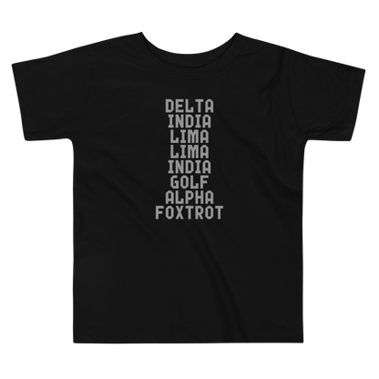 "DILLIGAF" printed on a black toddler short sleeve tee laying on a flat surface