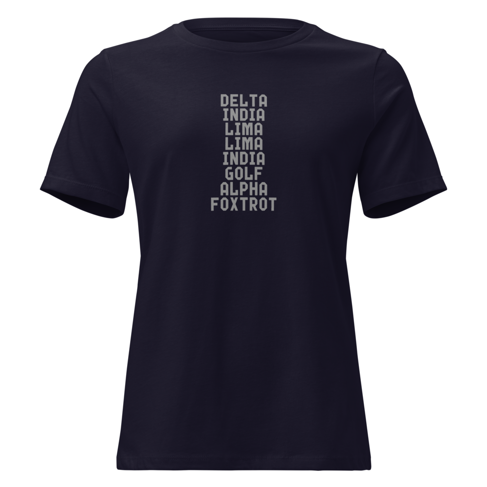 "DILLIGAF" printed on a navy on an invisible / simulated body